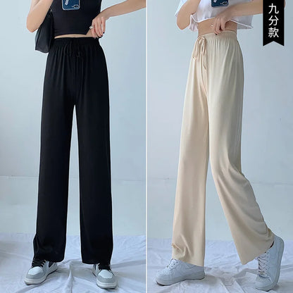 Plus Size Women's Ice Silk Wide-Leg Pants – High-Waist Lightweight Casual Trousers for Summer Sports & Everyday Wear