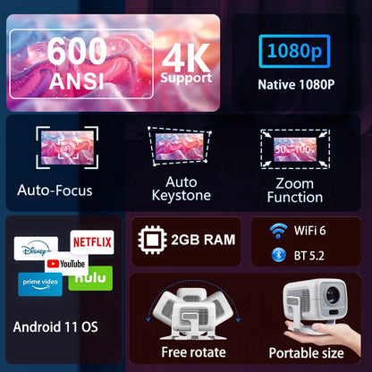 Huaweishi 4K Projector – Portable Android Projector with Native 1080P, 600 ANSI Lumens & Auto Focus for Home Cinema & Outdoor Use