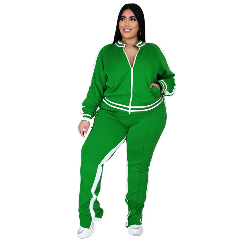 Plus Size L-5XL Women's 2-Piece Sweatsuit Set – Zip-Up Striped Top & Slit Jogger Sweatpants, Casual Matching Outfit for Everyday Wear