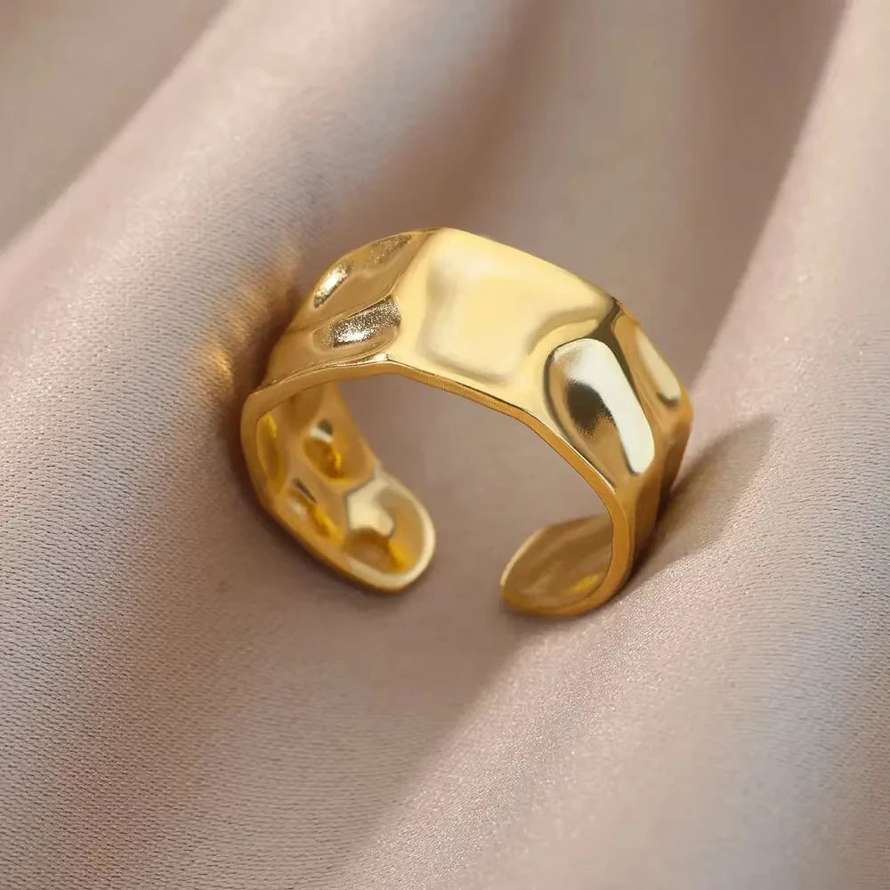 Anillo abierto grueso dorado vintage – Anillo llamativo geométrico de acero inoxidable para mujer