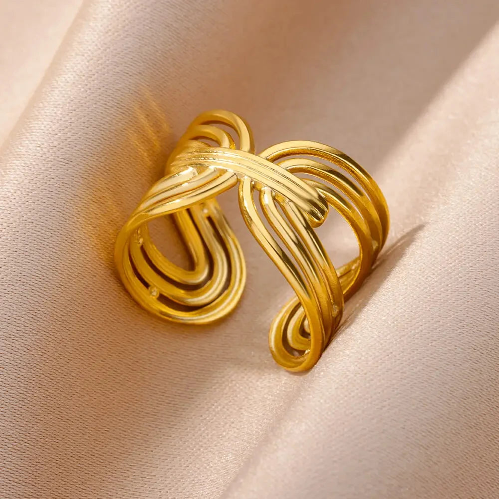 Anillo abierto grueso dorado vintage – Anillo llamativo geométrico de acero inoxidable para mujer