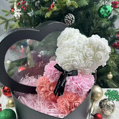 Oso de rosas artificiales de 25 cm con caja de regalo – Regalo romántico para ella en San Valentín, aniversario y boda
