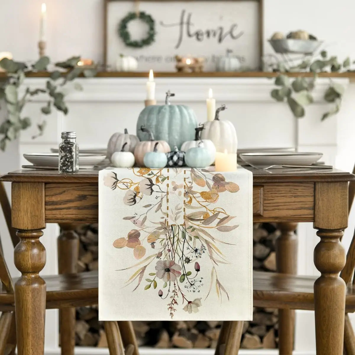 Spring Wildflower Floral Linen Table Runner – Reusable Leaves Flower Farmhouse Table Decor for Kitchen, Dining, Wedding & Party
