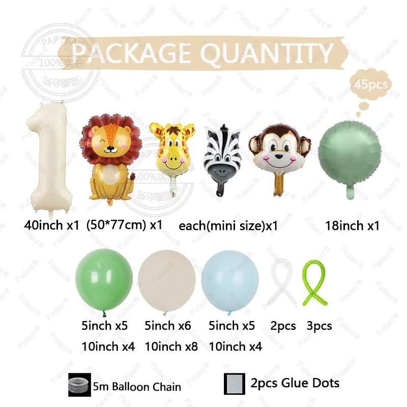 45PCS Jungle Animal Balloon Set – Lion & Giraffe Cream White Number Balloons for Birthday Party Decorations | Safari Theme Celebration Supplies