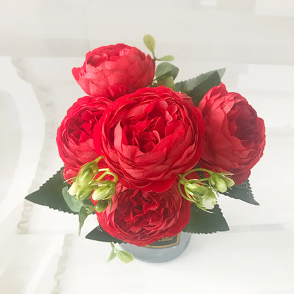 Bouquet de pivoines artificielles roses 30 cm – Fleurs en soie synthétiques avec 5 grandes fleurs et 4 bourgeons pour décoration de mariage, décoration intérieure, arrangements floraux et projets DIY