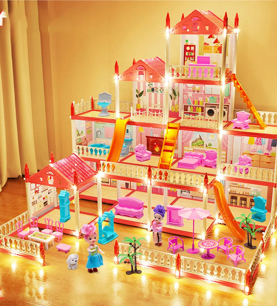 3D DIY Mini Princess Castle Villa Assembly Toy House with LED Lights – Creative Doll House Accessories Set, Girl Birthday Gift