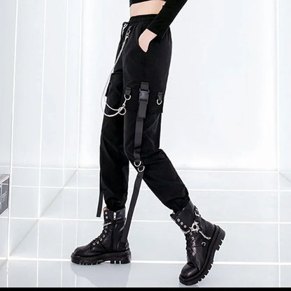 Pantalon Cargo Décontracté Noir pour Femmes Style Coréen Taille Haute Ample Hip Hop Jambe Droite Printemps Automne