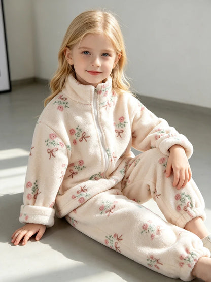 Kids Flannel Pajama Set 2-Piece, Thick Warm Winter Sleepwear for Boys and Girls, Floral and Leopard Print Zipper Top with Matching Pants