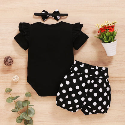 Baby Girl 3PCS Summer Outfit Set – Short Sleeve Bodysuit, Polka Dot Shorts & Headband for Infants