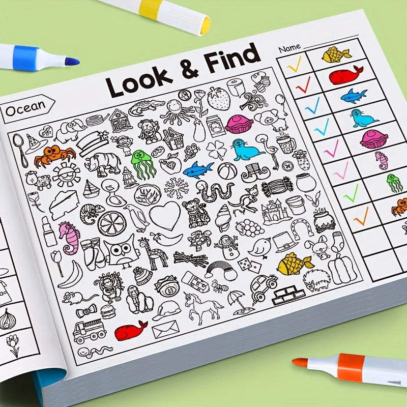 Livre d'activités interactif de cherche-et-trouve à colorier – Livre de puzzles d'objets cachés pour enfants avec des jeux de cherche-et-trouve, des exercices d'association, des pages de coloriage créatives et des activités d'apprentissage éducatives