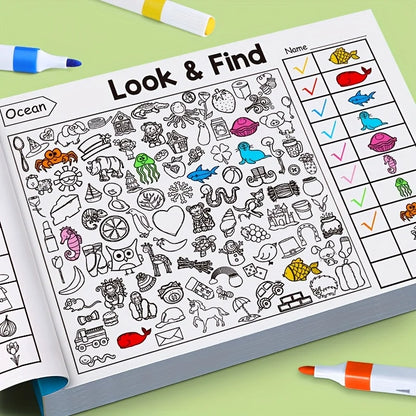 Livre d'activités interactif de cherche-et-trouve à colorier – Livre de puzzles d'objets cachés pour enfants avec des jeux de cherche-et-trouve, des exercices d'association, des pages de coloriage créatives et des activités d'apprentissage éducatives