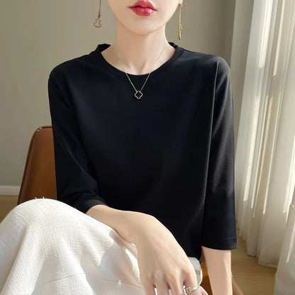 Camiseta de algodón mercerizado para mujer, manga corta, cuello redondo, top básico suave de verano