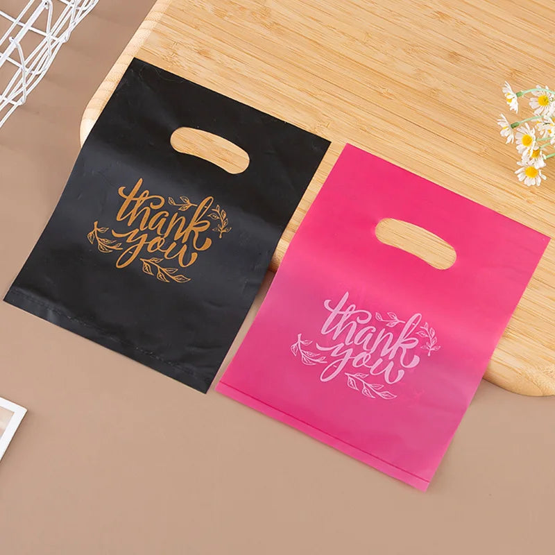 10/50/100 BOLSAS DE PLÁSTICO DE AGRADECIMIENTO – Bolsas de compras para pequeñas empresas, para bodas, cumpleaños, dulces, pasteles, tiendas minoristas y embalaje de regalos