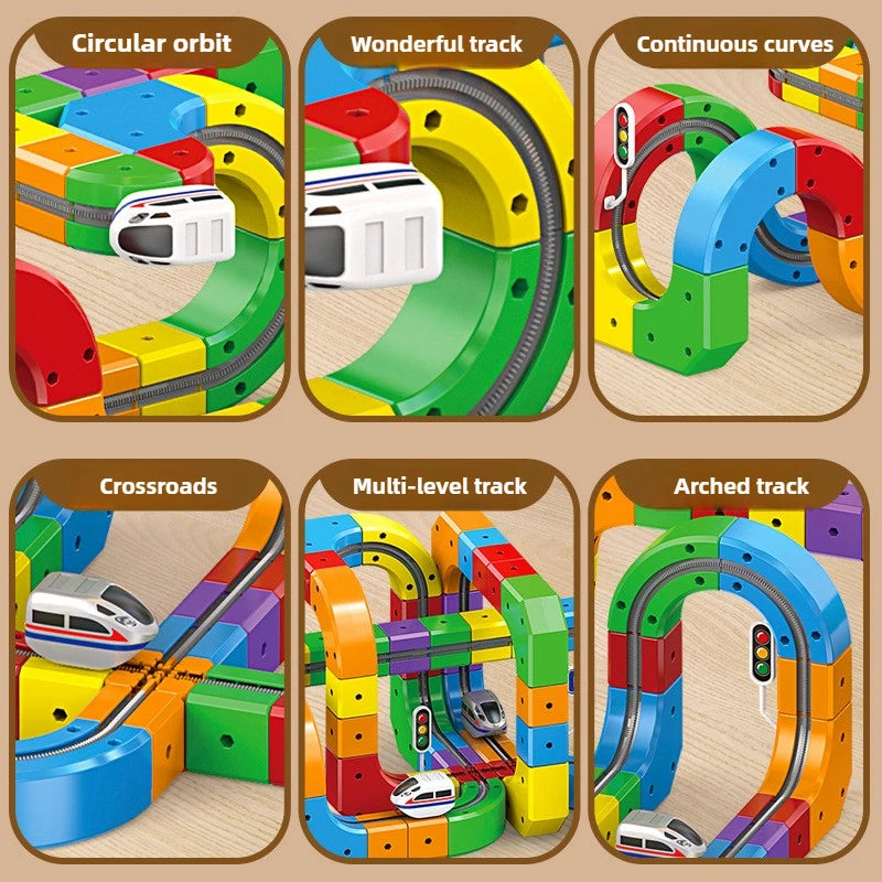 Ensemble de construction de train magique – Jouet de labyrinthe de voiture de rail magnétique électrique pour enfants, cadeau éducatif STEM