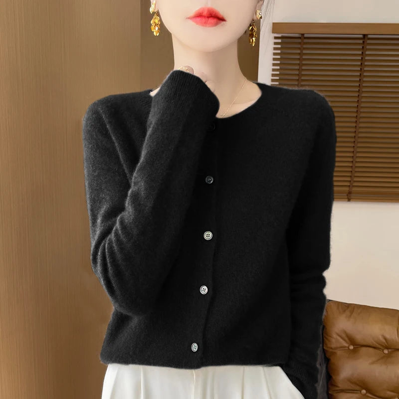 Women's 100% Merino Wool Long-Sleeve Sweater – O-Neck Knit Cardigan-Style Top for Spring & Autumn, Soft Basic Fashion Knitwear