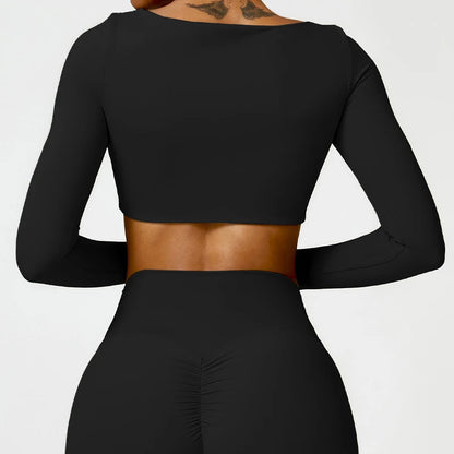 Women’s Square Neck Sports Crop Top – Long Sleeve Quick-Dry Gym Yoga Fitness Activewear