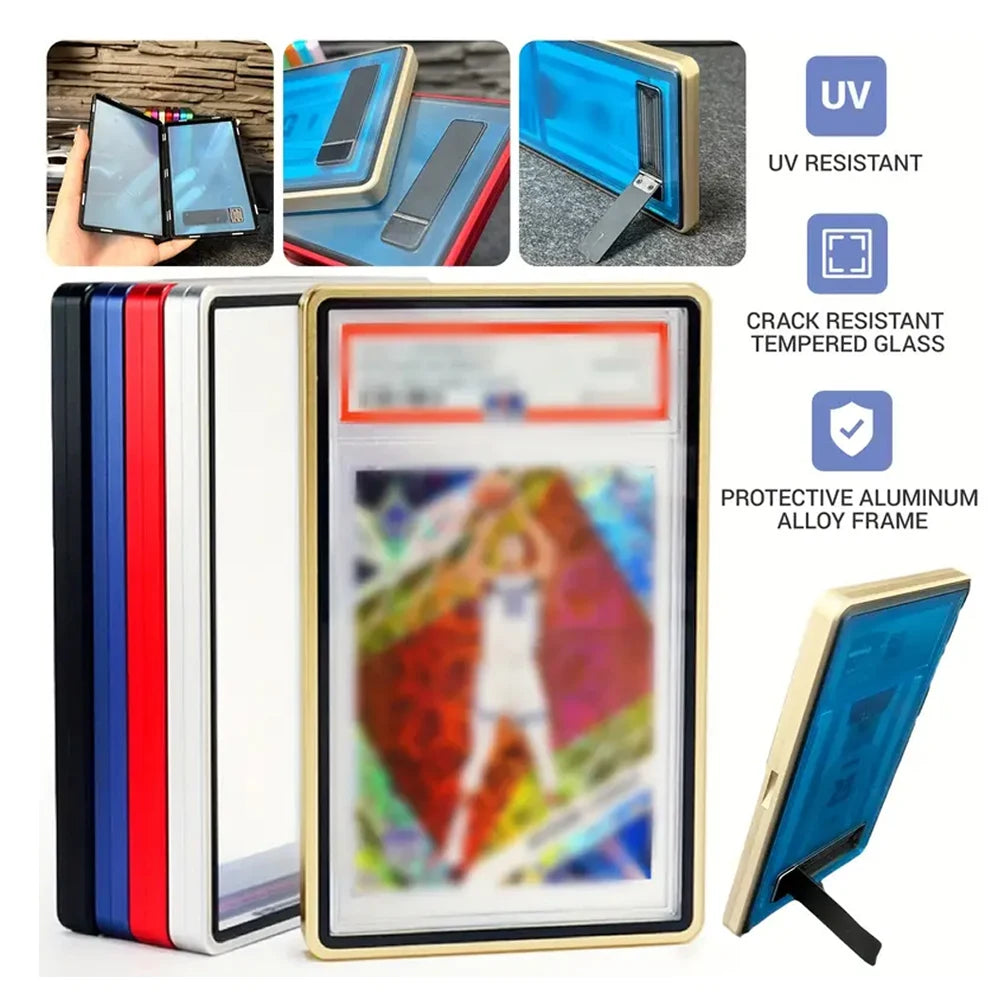Aluminum Alloy Trading Card Display Case with Stand – Multicolor PSA & BGS Graded Card Protector Holder for Horizontal & Vertical Display