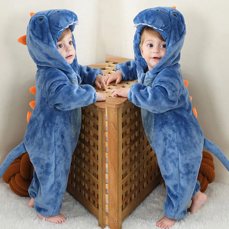 Halloween Dinosaur Baby Romper – Warm Fleece Hooded Kigurumi Pajamas & Animal Jumpsuit for Baby Boys & Girls, Cozy Winter Costume 0-4T