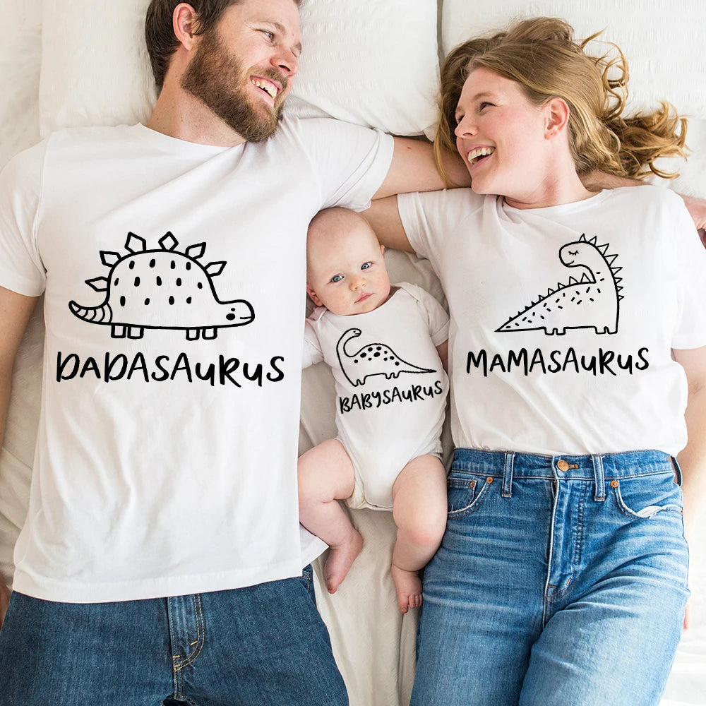 Dinosaur Family Matching T-Shirts – Mommy & Daddy Shirts with Baby Bodysuits, Short-Sleeve Family Outfits for Boys & Girls, Gift Set