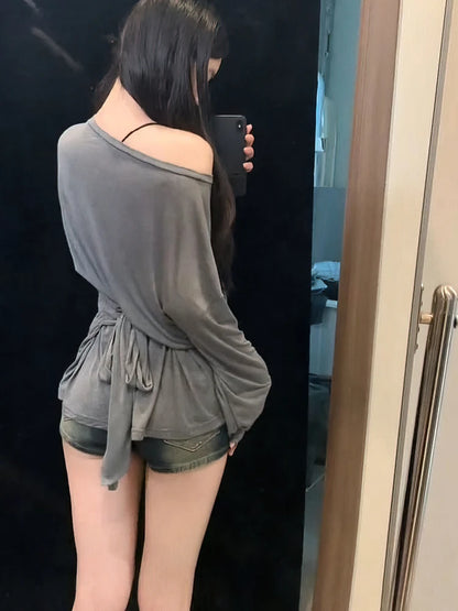 Women’s See Through Long Sleeve Oversize T-Shirt Sexy Back Bandage Off Shoulder Basic Long Tee Korean Chic