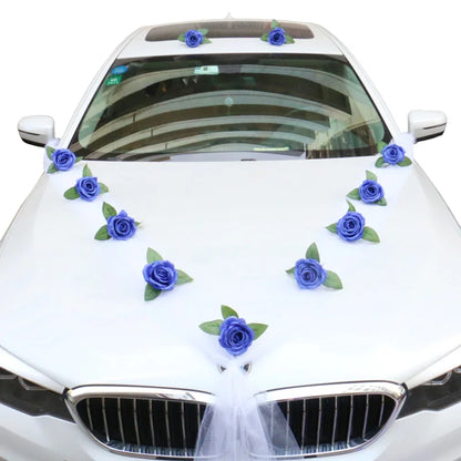Décoration de voiture de mariage artificielle rose blanche – Ruban de fleurs en soie pour véhicules de mariée et poignées de porte