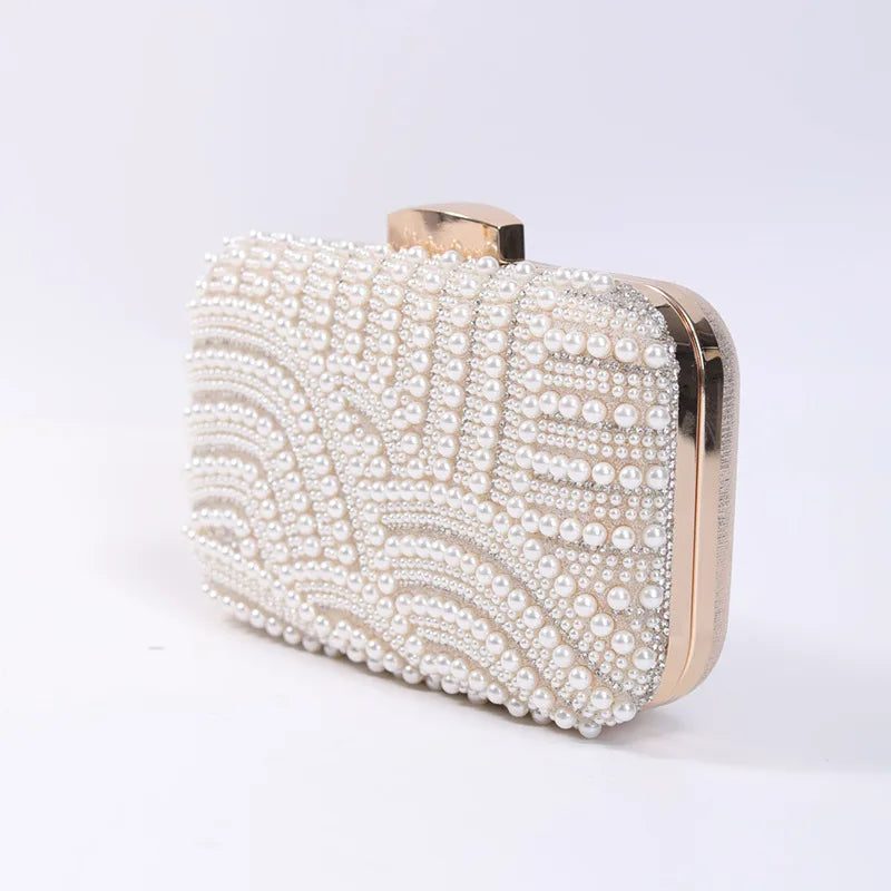 Elegant Pearl Evening Clutch Bag for Women Beaded Wedding Party Purse with Long Chain Strap