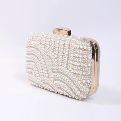 Elegant Pearl Evening Clutch Bag for Women Beaded Wedding Party Purse with Long Chain Strap