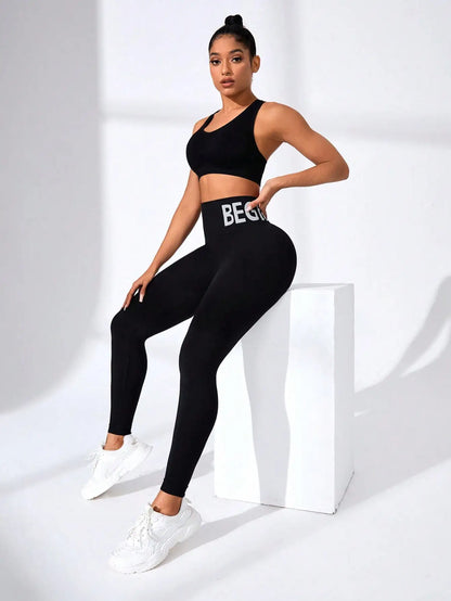Seamless Yoga Leggings – High-Waist Butt-Lifting Quick-Dry Breathable Workout Tights with Lettering Print for Women
