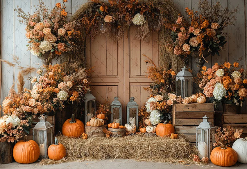 Mehofond Fall Autumn Harvest Photography Backdrop – Rustic Barn Hay & Pumpkin Background for Kids’ Birthday, Portrait, Photo Studio & Party Decor
