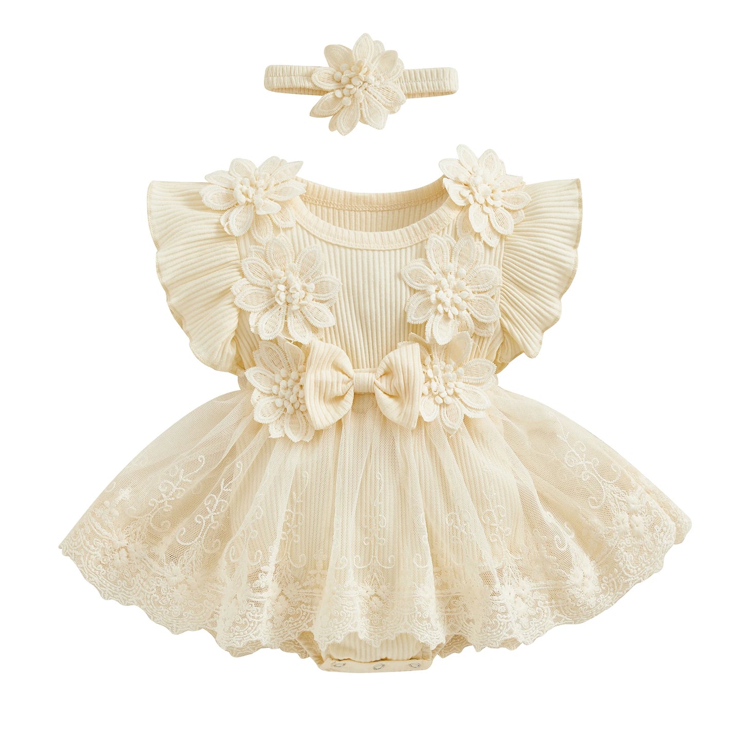 Vestido de mameluco 3D con flores para bebé – Body de malla de princesa de verano con volantes de encaje, conjunto de recién nacido con diadema a juego, ropa linda para niños para ocasiones especiales y uso diario