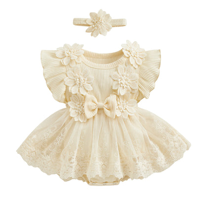 Vestido de mameluco 3D con flores para bebé – Body de malla de princesa de verano con volantes de encaje, conjunto de recién nacido con diadema a juego, ropa linda para niños para ocasiones especiales y uso diario
