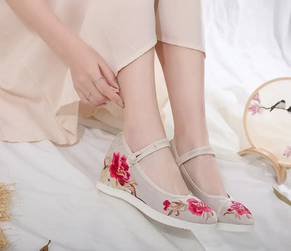 Zapatos de plataforma de lona bordados vintage para mujer – Zapatos casuales estilo étnico chino Hanfu, zapatillas sin cordones Harajuku de otoño