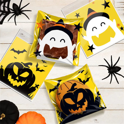 100PCS Halloween Candy Bags, Plastic Gift Packaging Bags with Ghost Pumpkin and Spider Prints, Trick or Treat Goodie Bags, Halloween Party Favors and Decorations