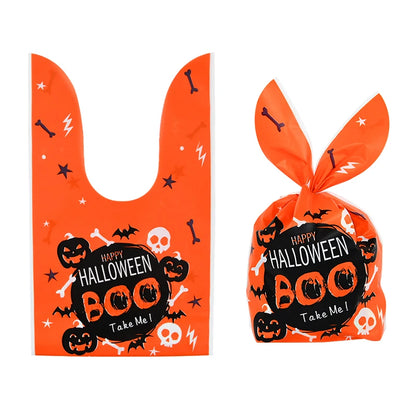 25/50PCS Halloween Candy Bags – Rabbit Ear Pumpkin Plastic Treat Bags for Candy, Cookies & Desserts, DIY Packaging for Kids’ Halloween Parties