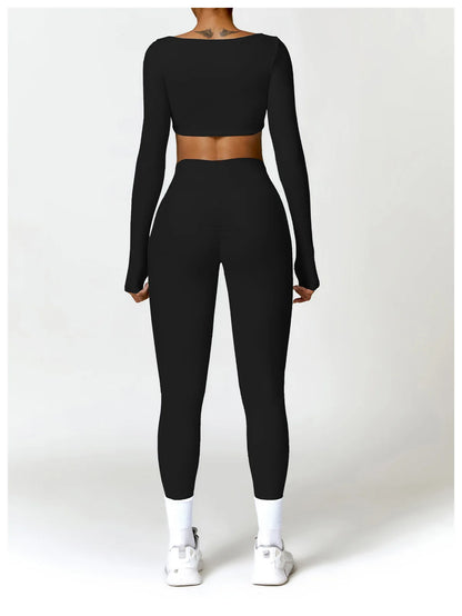 Women’s Square Neck Sports Crop Top – Long Sleeve Quick-Dry Gym Yoga Fitness Activewear