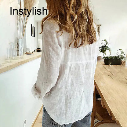 Women's Cotton Linen Oversized Shirt – Long Sleeve Button-Up Blouse, Casual Vintage Lapel Tunic & Y2K Streetwear Top