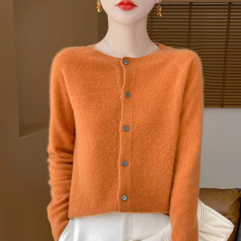 Women's 100% Merino Wool Long-Sleeve Sweater – O-Neck Knit Cardigan-Style Top for Spring & Autumn, Soft Basic Fashion Knitwear