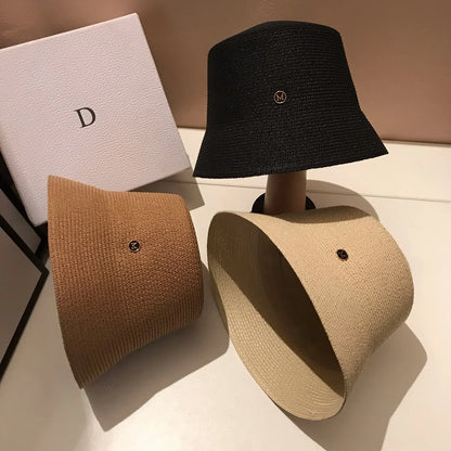 Japanese Designer M Straw Woven Summer Sun Hat for Women Casual Travel Panama Bucket Hat Sunscreen Slim-Face Luxury