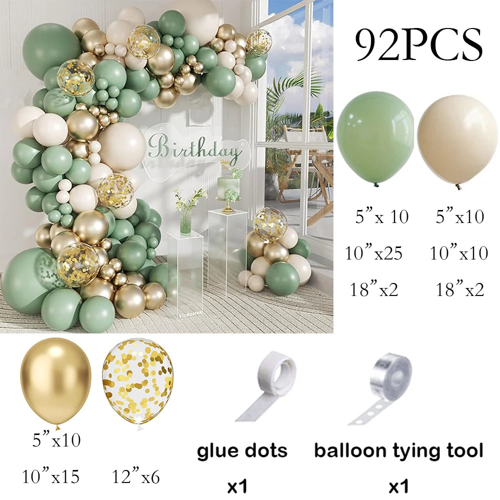 Sage Green Balloon Arch Garland Kit – Green, White, Sand & Gold Confetti Latex Balloons for Birthday, Wedding & Graduation Decorations