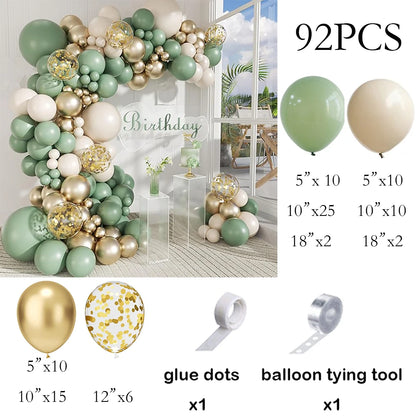 Sage Green Balloon Arch Garland Kit – Green, White, Sand & Gold Confetti Latex Balloons for Birthday, Wedding & Graduation Decorations