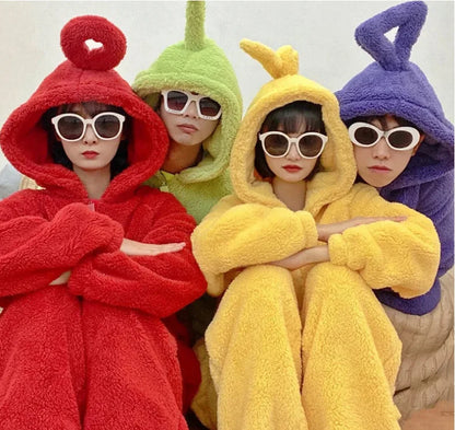 Teletubbies Inspired Adult Cosplay Pajamas – Tinky Winky / Laa-Laa / Po Soft Long Sleeve Onesie Costume (4 Colors)