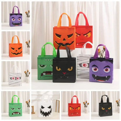 Halloween Pumpkin Candy Bags for Kids, Non-Woven Trick or Treat Loot Bags, Cute Ghost Bat and Cat Treat Bags, Halloween Goodie Bags, Party Favors and Holiday Gift Bags