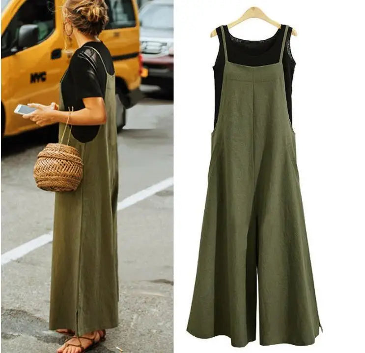 Women's Cotton Linen Wide Leg Jumpsuit Sleeveless Bib Overalls Casual Loose Summer Romper Plus Size 5XL