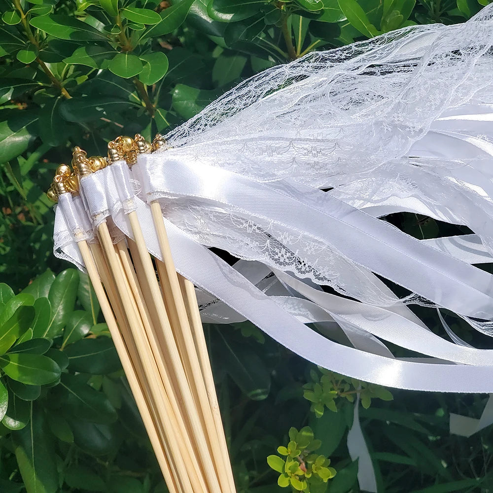 White Ribbon Wand with Bells – Fairy Streamer Stick for Weddings, Parties & Celebrations