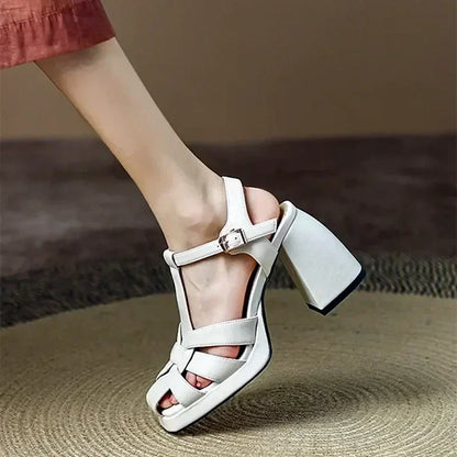 Sandalias de plataforma con tacón grueso para mujer – Zapatos de gladiador retro de cuero PU con punta cuadrada tejida, tacones de cuña de verano