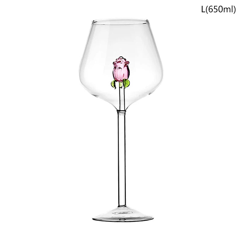 3D Pink Glass Rose Wine Glass Goblet, Red White Wine Cup, Champagne Flute Drinkware, Romantic Valentine’s Day Gift