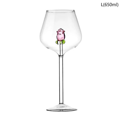 3D Pink Glass Rose Wine Glass Goblet, Red White Wine Cup, Champagne Flute Drinkware, Romantic Valentine’s Day Gift