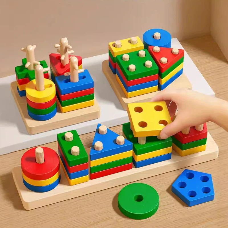 Montessori Wooden Building Blocks Color & Shape Matching Puzzle Educational Toy for Kids