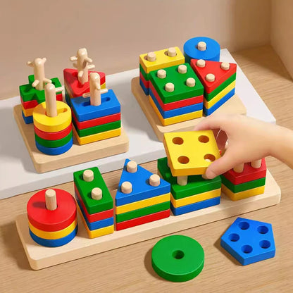 Montessori Wooden Building Blocks Color & Shape Matching Puzzle Educational Toy for Kids