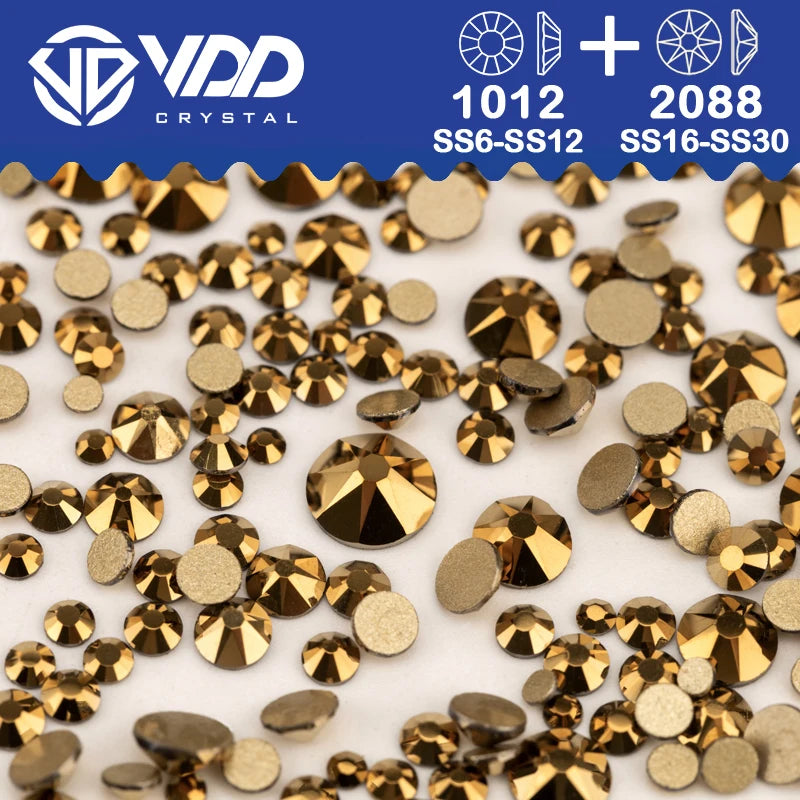 VDD Piedras Preciosas de Cristal Doradas de Fondo Plano – 2088 Cristales de Strass para Arte de Uñas, Manualidades y Decoraciones DIY
